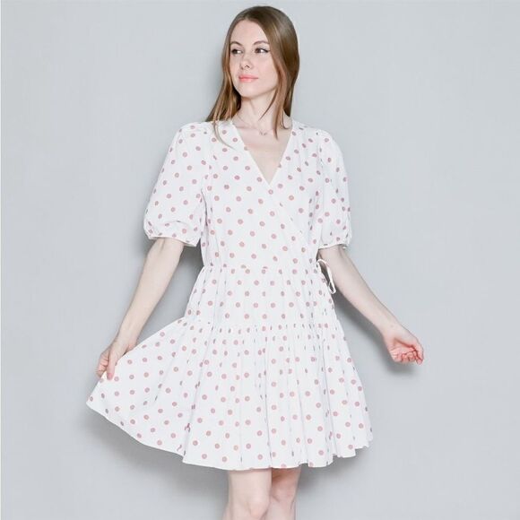 J. CREW White Polka Dot Red V-Neck Puff
Sleeve Poplin Wrap Mini Dress - Picture 3 of 16